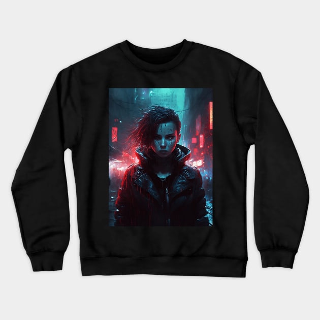 Girl In Rainy Dystopian Cyberpunk City By Night Crewneck Sweatshirt by Nightarcade